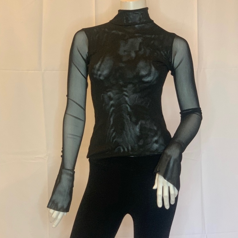 Black mesh turtleneck top with bell sleeves